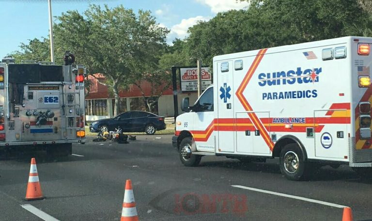 The badly damaged motorcycle came to rest in the curb lane of US Hwy 19 in Palm Harbor