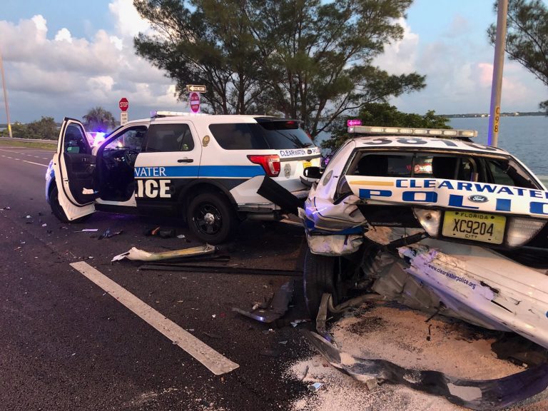 Three Officers Injured After Parked Clearwater Police Cruisers With Their Emergency Lights Flashing Were Struck by Vehicles on the Courtney Campbell in Two Separate Crashes