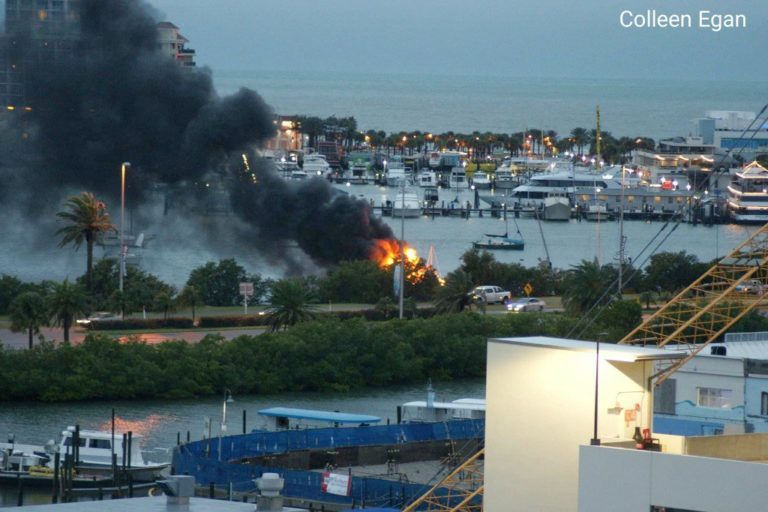 Clearwater Firefighters Battling Boat Fire Near the Memorial Causeway