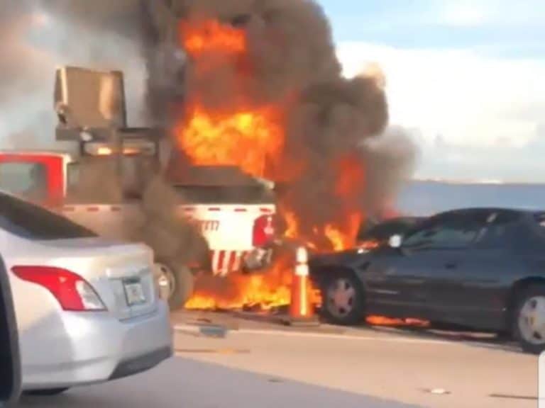 Vehicle Crash and Fire Involving a Road Ranger on the Howard Frankland Bridge Sunday Afternoon