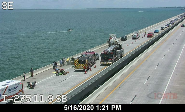 Two seriously injured following rear tire blowout on motorcycle while traveling on the Skyway Bridge