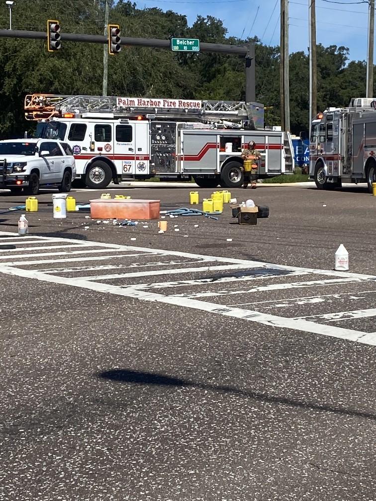 Vehicle crash creates hazmat incident in Palm Harbor closing the roadway for several hours