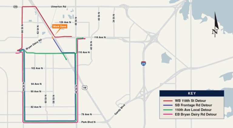 Bryan Dairy Road will be closed between 66th Street N and US-19 on Sunday evening