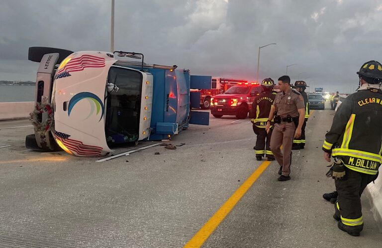 Truck Overturns on Bayside Bridge, Injures Three