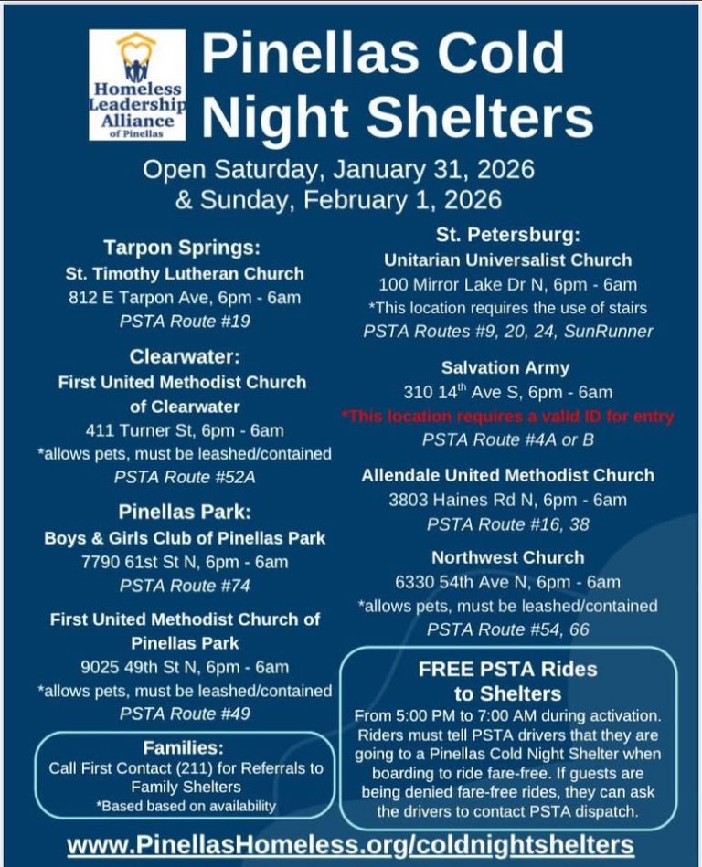 Pinellas County Cold Night Shelters to Open January 31 and February 1
