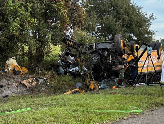 Photo of the overturned school bus involved in the crash courtesy of the Polk County Sheriff's Office